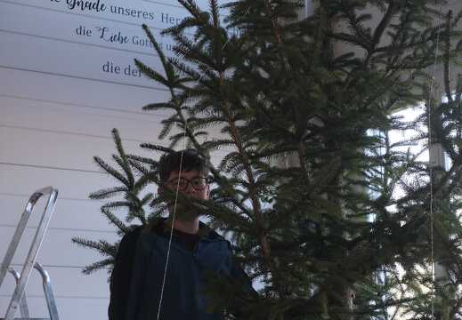 Kind beim Weihnachtsbaum dekorieren